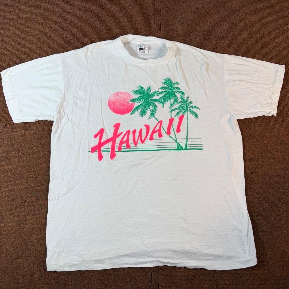 Vintage Caribbean Dream Hawaii T-Shirt White Neon Palm Trees Graphic Mens XL